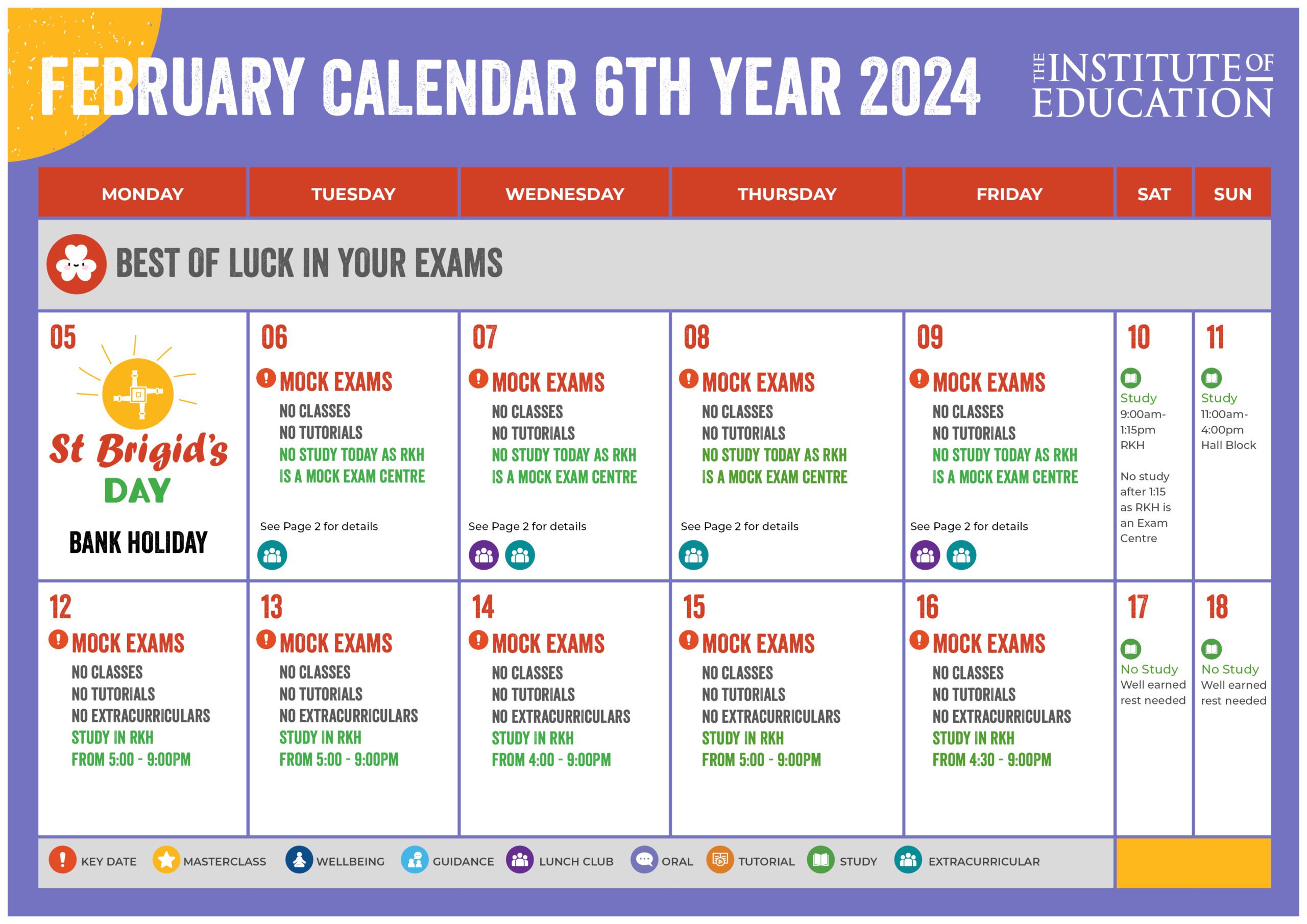 6th Year Monthly Calendar Institute of Education